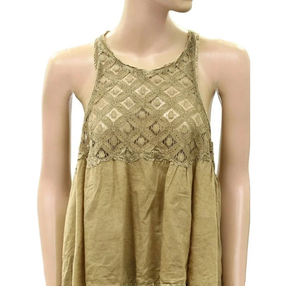 Free People Wandering Light Blouse Top Lace Cutout Tank Green Cotton M 290331